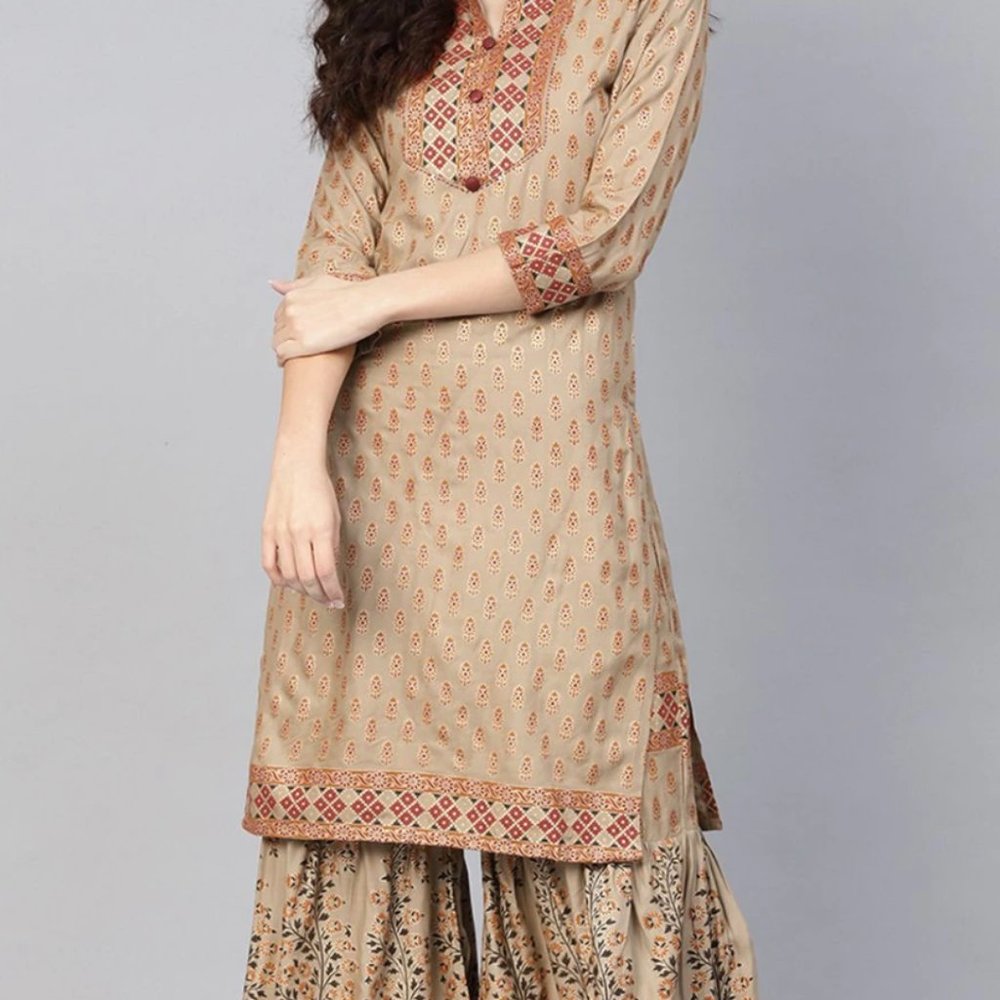 Grey Printed A-Line Kurta Sharara Set